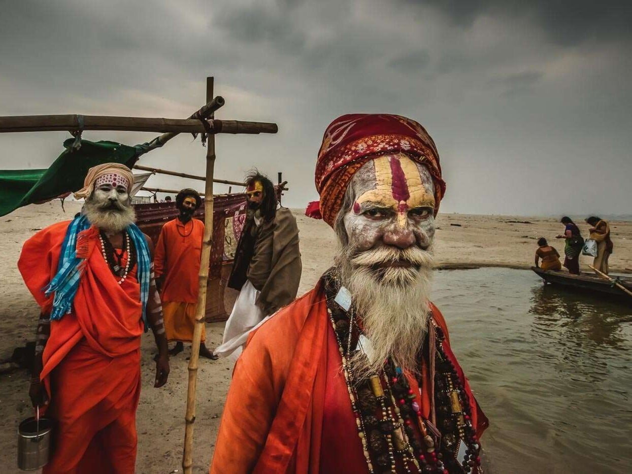 Holy men on the banks of the Ganges River at Varanasi.