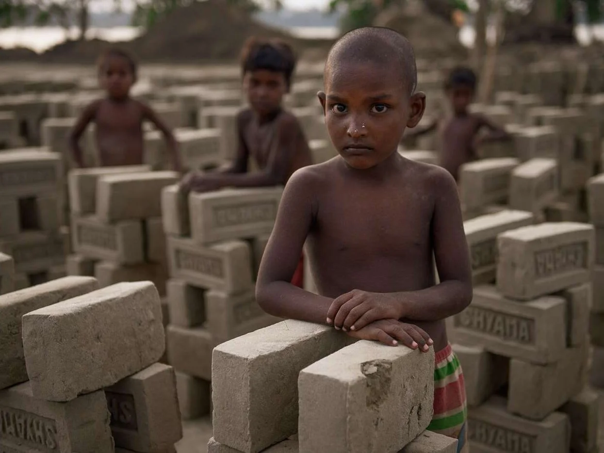 Children caught as they play amongst the bricks at the kiln.